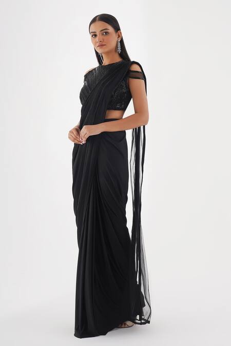 Chaashni By Maansi And Ketan_Black Net, Lycra Beads, Stones, Cutdana Embellished Pre-draped Saree With Blouse_Online_at_Aza_Fashions
