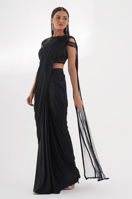 Buy_Chaashni By Maansi And Ketan_Black Net, Lycra Beads, Stones, Cutdana Embellished Pre-draped Saree With Blouse_Online_at_Aza_Fashions
