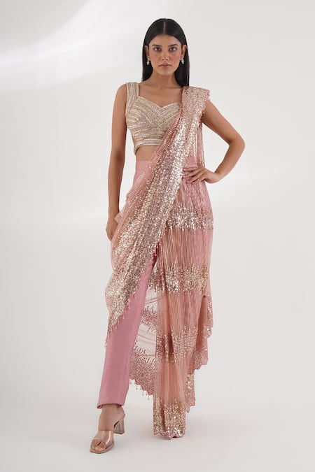 Chaashni by Maansi and Ketan Pink Silk Embroidered Sequins Sweetheart Embellished Pant Saree With Blouse
