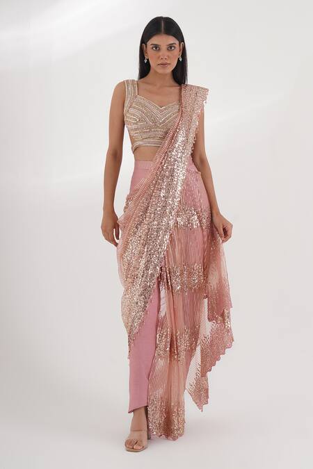 Chaashni By Maansi And Ketan_Pink Silk, Net Sequins, Beads, Stones Embellished Pant Saree With Blouse_Online_at_Aza_Fashions