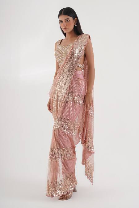 Buy_Chaashni By Maansi And Ketan_Pink Silk, Net Sequins, Beads, Stones Embellished Pant Saree With Blouse_Online_at_Aza_Fashions