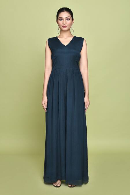 Label Shristi Chetani_Blue Crepe, Chiffon Round Neck, Gul Abstract Print Jacket With Jumpsuit _Online_at_Aza_Fashions