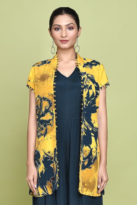 Buy_Label Shristi Chetani_Blue Crepe, Chiffon Round Neck, Gul Abstract Print Jacket With Jumpsuit _Online_at_Aza_Fashions