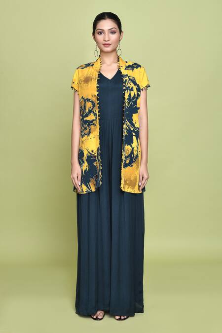 Shop_Label Shristi Chetani_Blue Crepe, Chiffon Round Neck, Gul Abstract Print Jacket With Jumpsuit _Online_at_Aza_Fashions