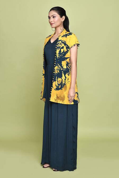 Label Shristi Chetani_Blue Crepe, Chiffon Round Neck, Gul Abstract Print Jacket With Jumpsuit _at_Aza_Fashions
