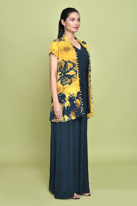 Buy_Label Shristi Chetani_Blue Crepe, Chiffon Round Neck, Gul Abstract Print Jacket With Jumpsuit 