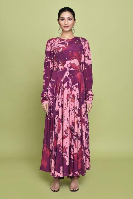 Buy Label Shristi Chetani Magenta Crepe Beads Round Neck Roop Blossom Print Anarkali Set Online at Aza Fashions Buy_Label Shristi Chetani_Magenta Crepe Beads Round Neck Roop Blossom Print Anarkali Set _Online_at_Aza_Fashions