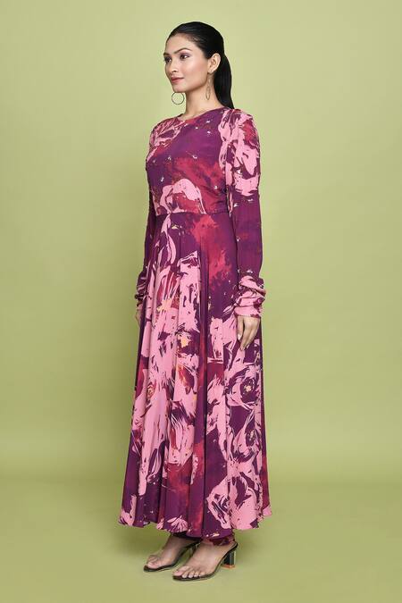 Shop Label Shristi Chetani Magenta Crepe Beads Round Neck Roop Blossom Print Anarkali Set Online at Aza Fashions Shop_Label Shristi Chetani_Magenta Crepe Beads Round Neck Roop Blossom Print Anarkali Set _Online_at_Aza_Fashions