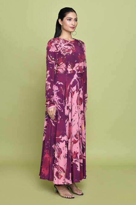 Label Shristi Chetani Magenta Crepe Beads Round Neck Roop Blossom Print Anarkali Set at Aza Fashions Label Shristi Chetani_Magenta Crepe Beads Round Neck Roop Blossom Print Anarkali Set _at_Aza_Fashions