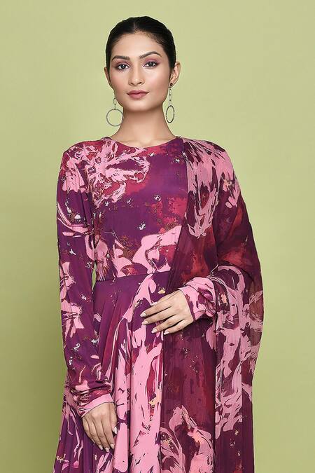 Buy Label Shristi Chetani Magenta Crepe Beads Round Neck Roop Blossom Print Anarkali Set Buy_Label Shristi Chetani_Magenta Crepe Beads Round Neck Roop Blossom Print Anarkali Set