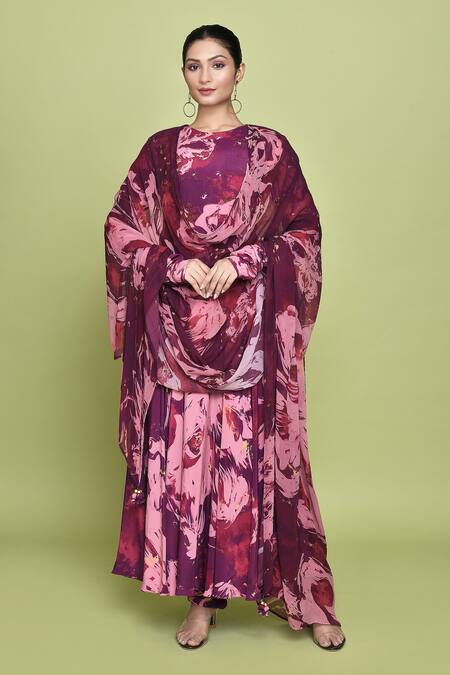 Shop Label Shristi Chetani Magenta Crepe Beads Round Neck Roop Blossom Print Anarkali Set Shop_Label Shristi Chetani_Magenta Crepe Beads Round Neck Roop Blossom Print Anarkali Set
