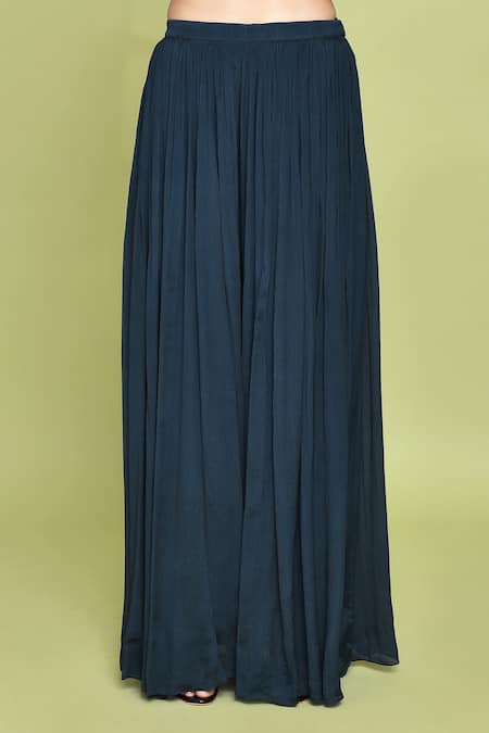 Label Shristi Chetani_Blue Chiffon Beads Boat Neck Gulshan Embellished Neckline Kurti Sharara Set_Online_at_Aza_Fashions