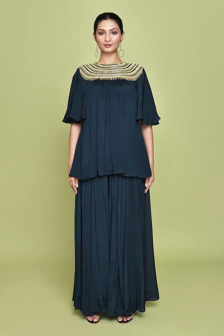 Buy_Label Shristi Chetani_Blue Chiffon Beads Boat Neck Gulshan Embellished Neckline Kurti Sharara Set_Online_at_Aza_Fashions