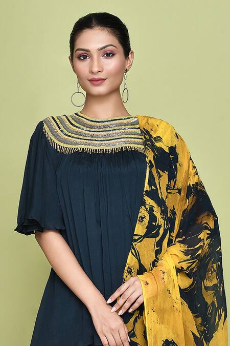 Buy_Label Shristi Chetani_Blue Chiffon Beads Boat Neck Gulshan Embellished Neckline Kurti Sharara Set