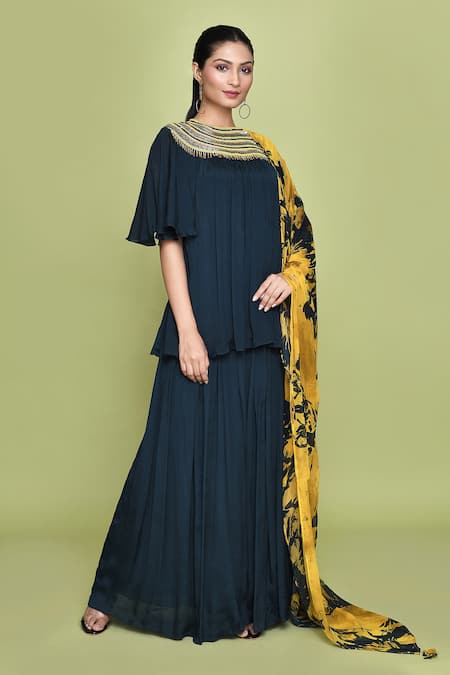 Shop_Label Shristi Chetani_Blue Chiffon Beads Boat Neck Gulshan Embellished Neckline Kurti Sharara Set
