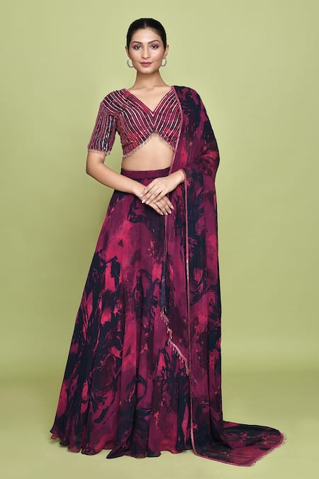 LABEL SHRISTI CHETANI Multi Color Chiffon Print Midnight Bloom V Neck Jashn Lehenga Set