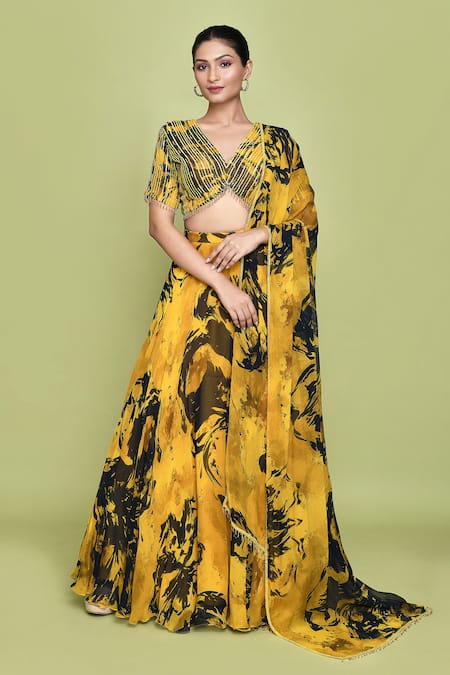 LABEL SHRISTI CHETANI Yellow Chiffon Print Summer Bloom V Neck Divy Lehenga Set