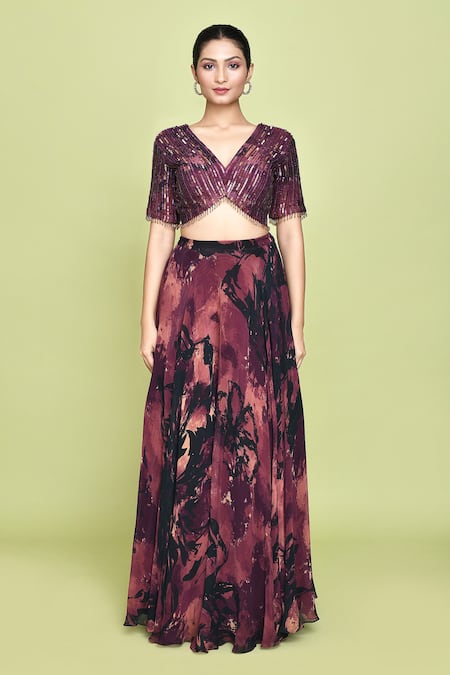 Buy_Label Shristi Chetani_Multi Color Chiffon Sequins V-neck Shubhag Musk Bloom Print Lehenga Set _Online_at_Aza_Fashions