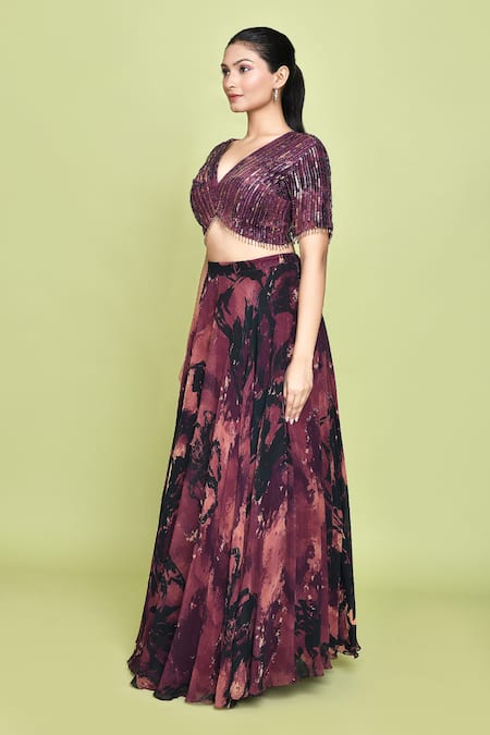 Shop_Label Shristi Chetani_Multi Color Chiffon Sequins V-neck Shubhag Musk Bloom Print Lehenga Set _Online_at_Aza_Fashions