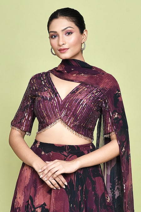 Buy_Label Shristi Chetani_Multi Color Chiffon Sequins V-neck Shubhag Musk Bloom Print Lehenga Set 