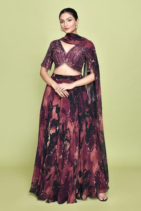 Shop_Label Shristi Chetani_Multi Color Chiffon Sequins V-neck Shubhag Musk Bloom Print Lehenga Set 