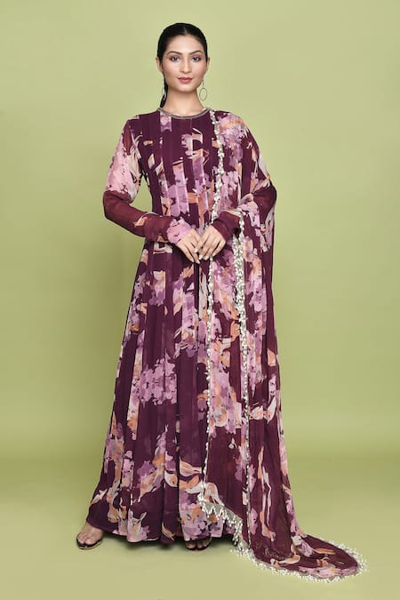 LABEL SHRISTI CHETANI Purple Chiffon Print Pansy Bloom Round Neck Harshi Anarkali Set