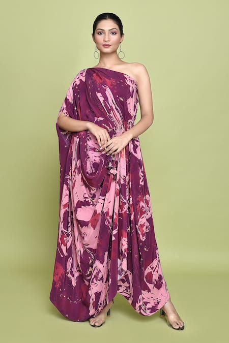 LABEL SHRISTI CHETANI Purple Crepe Print Bloomy One Shoulder Maaya Dress