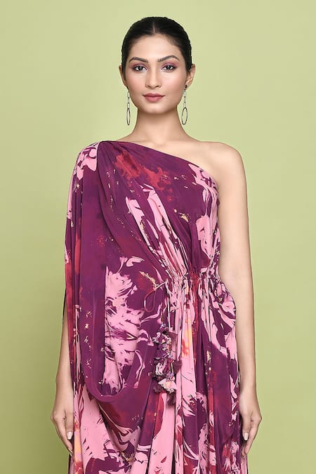 Label Shristi Chetani Purple Crepe Tassels One Shoulder Maaya Bloomy Print Dress Online at Aza Fashions Label Shristi Chetani_Purple Crepe Tassels One Shoulder Maaya Bloomy Print Dress _Online_at_Aza_Fashions