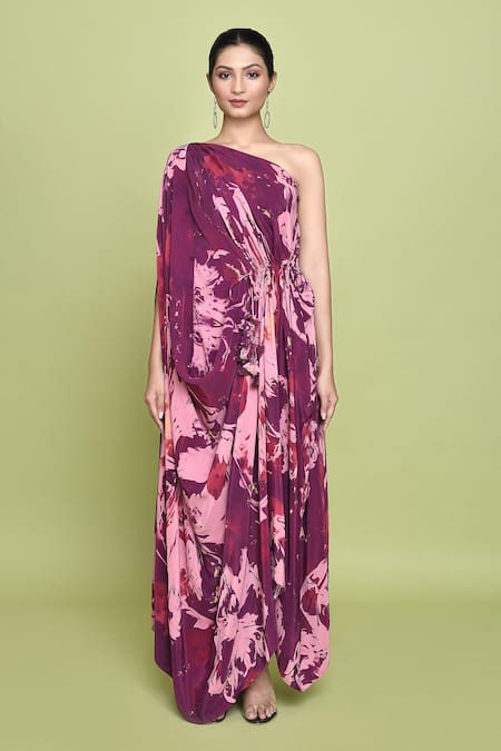 Buy Label Shristi Chetani Purple Crepe Tassels One Shoulder Maaya Bloomy Print Dress Online at Aza Fashions Buy_Label Shristi Chetani_Purple Crepe Tassels One Shoulder Maaya Bloomy Print Dress _Online_at_Aza_Fashions