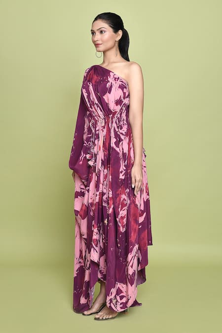 Shop Label Shristi Chetani Purple Crepe Tassels One Shoulder Maaya Bloomy Print Dress Online at Aza Fashions Shop_Label Shristi Chetani_Purple Crepe Tassels One Shoulder Maaya Bloomy Print Dress _Online_at_Aza_Fashions