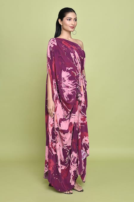 Label Shristi Chetani Purple Crepe Tassels One Shoulder Maaya Bloomy Print Dress at Aza Fashions Label Shristi Chetani_Purple Crepe Tassels One Shoulder Maaya Bloomy Print Dress _at_Aza_Fashions