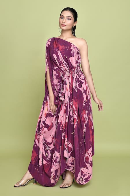 Buy Label Shristi Chetani Purple Crepe Tassels One Shoulder Maaya Bloomy Print Dress Buy_Label Shristi Chetani_Purple Crepe Tassels One Shoulder Maaya Bloomy Print Dress