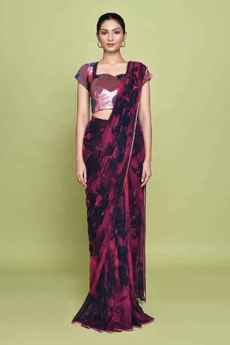 Label Shristi Chetani_Blue Chiffon Sequins Square Laali Blossomy Print Pre-draped Saree With Blouse_Online_at_Aza_Fashions