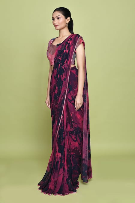 Buy_Label Shristi Chetani_Blue Chiffon Sequins Square Laali Blossomy Print Pre-draped Saree With Blouse_Online_at_Aza_Fashions