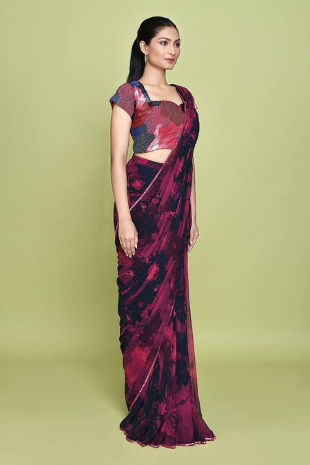 Shop_Label Shristi Chetani_Blue Chiffon Sequins Square Laali Blossomy Print Pre-draped Saree With Blouse_Online_at_Aza_Fashions