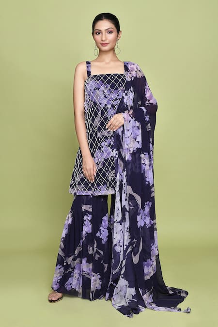 LABEL SHRISTI CHETANI Purple Chiffon Print Iris Bloom Square Neck Begum Kurta Sharara Set