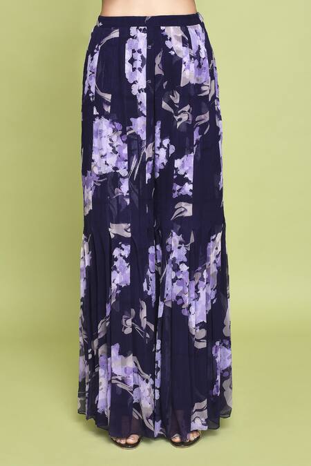 Label Shristi Chetani_Purple Chiffon Embroidery Square Neck Begum Iris Bloom Print Kurta Sharara Set _Online_at_Aza_Fashions