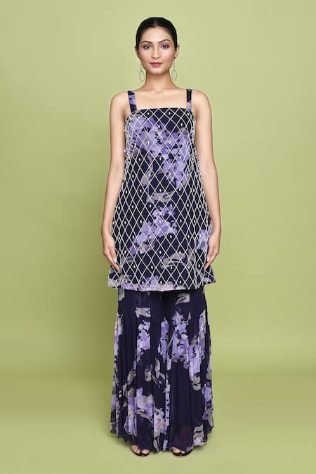 Buy_Label Shristi Chetani_Purple Chiffon Embroidery Square Neck Begum Iris Bloom Print Kurta Sharara Set _Online_at_Aza_Fashions