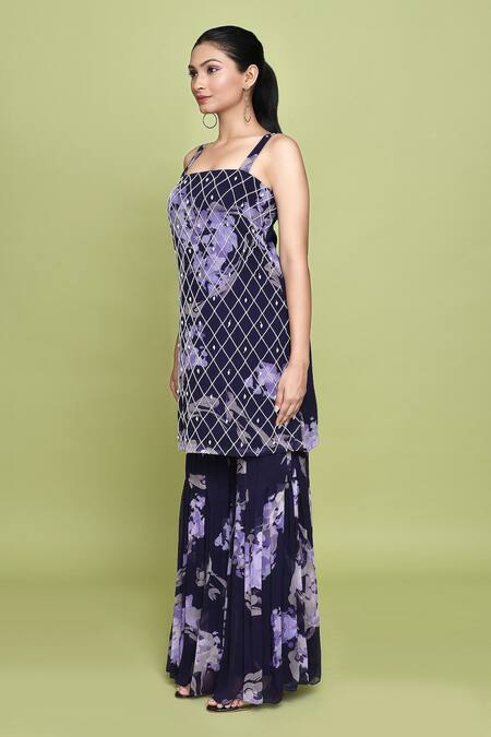 Shop_Label Shristi Chetani_Purple Chiffon Embroidery Square Neck Begum Iris Bloom Print Kurta Sharara Set _Online_at_Aza_Fashions
