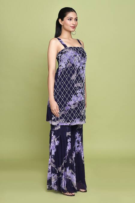 Label Shristi Chetani_Purple Chiffon Embroidery Square Neck Begum Iris Bloom Print Kurta Sharara Set _at_Aza_Fashions
