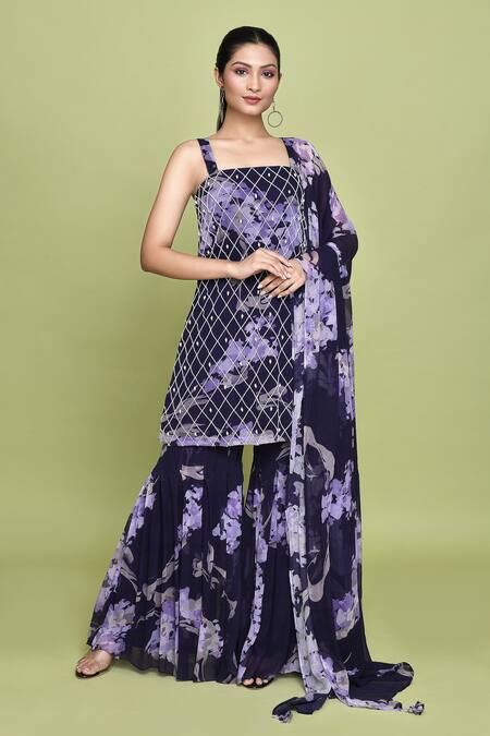 Shop_Label Shristi Chetani_Purple Chiffon Embroidery Square Neck Begum Iris Bloom Print Kurta Sharara Set 