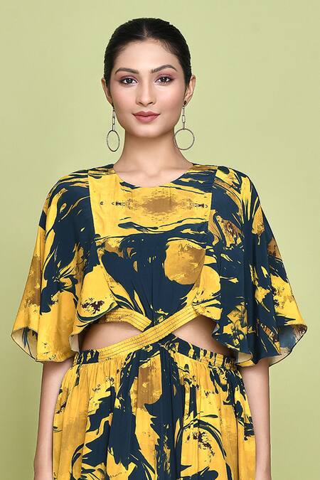 Label Shristi Chetani_Blue Crepe Round Neck Ambrosia Print Cutout Midi Dress _Online_at_Aza_Fashions