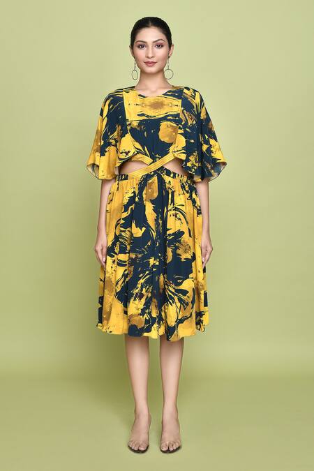 Buy_Label Shristi Chetani_Blue Crepe Round Neck Ambrosia Print Cutout Midi Dress _Online_at_Aza_Fashions