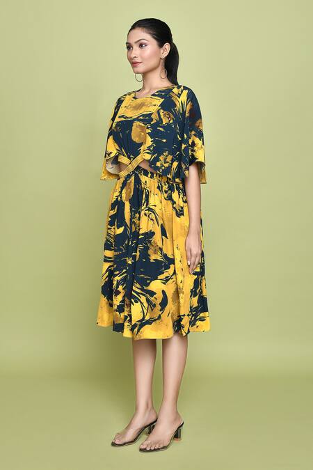 Shop_Label Shristi Chetani_Blue Crepe Round Neck Ambrosia Print Cutout Midi Dress _Online_at_Aza_Fashions