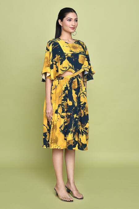 Label Shristi Chetani_Blue Crepe Round Neck Ambrosia Print Cutout Midi Dress _at_Aza_Fashions