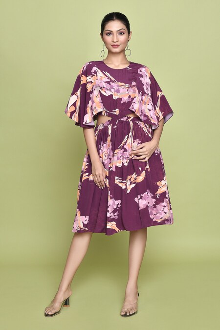 LABEL SHRISTI CHETANI Purple Crepe Print Fleur Round Neck Cutout Midi Dress