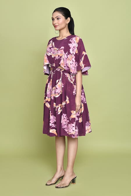 Buy_Label Shristi Chetani_Purple Crepe Round Neck Fleur Print Cutout Midi Dress _Online_at_Aza_Fashions