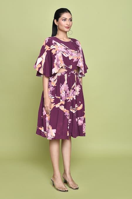 Shop_Label Shristi Chetani_Purple Crepe Round Neck Fleur Print Cutout Midi Dress _Online_at_Aza_Fashions