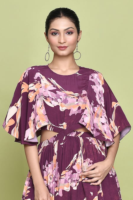 Label Shristi Chetani_Purple Crepe Round Neck Fleur Print Cutout Midi Dress _at_Aza_Fashions
