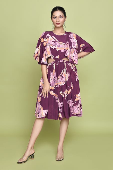 Buy_Label Shristi Chetani_Purple Crepe Round Neck Fleur Print Cutout Midi Dress 